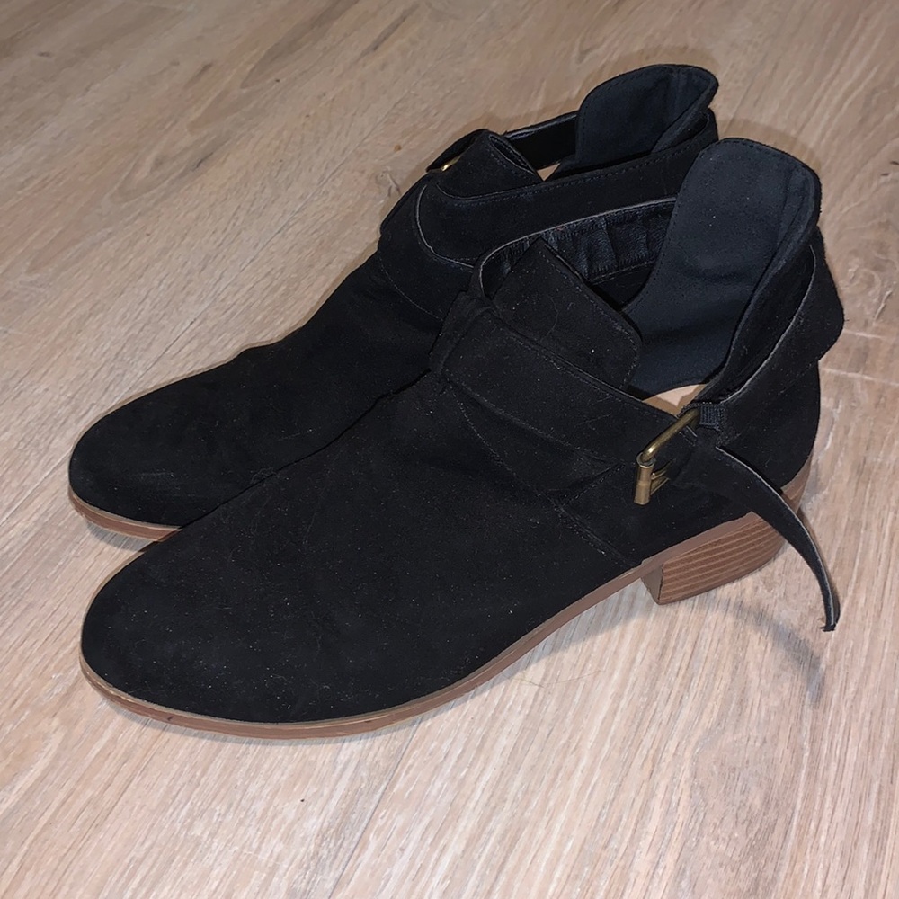 Justfab low rider black faux leather buckle ankle boots